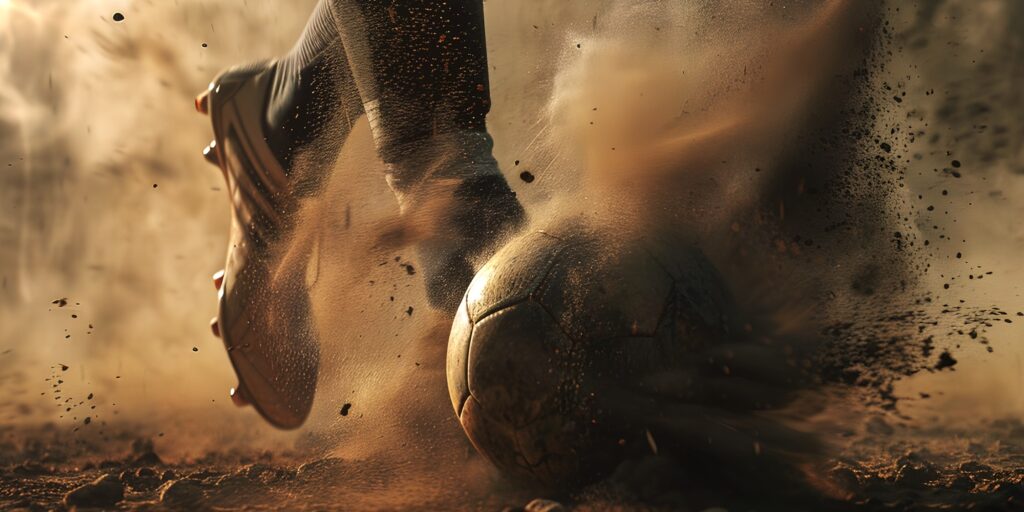 Fußballspieler mit Ball auf einem Ascheplatz in Nahaufnahme