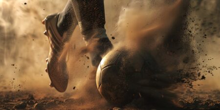 Fußballspieler mit Ball auf einem Ascheplatz in Nahaufnahme